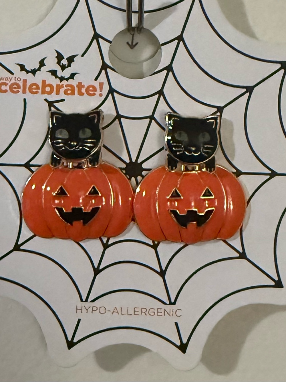 Black Cat on Orange Pumpkin Halloween Stud Earrings Hypoallergenic